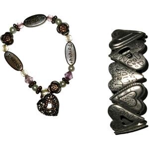 Hearts and Beads Stretch Bracelet set Silver